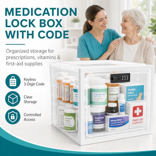 Large Medication Lock Box with Code, Clear Lockable Storage Box for Refrigerator, Cabinet & Dorm, Stackable Medicine Box for Prescriptions, Snacks, Phone, 11.9" x 9.3" x 7.6", White