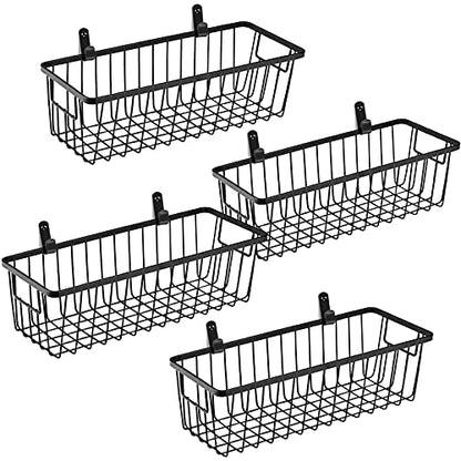 SheeChung Wall Hanging Baskets, Small Wire Basket for Organizer, 4 Pack | Black, Metal Storage Baskets with Portable Handle, for Farmhouse Rustic Bathroom, Kitchen, Pantry, Cabinets, Closets, Bedroom