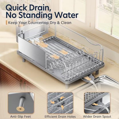 KINGRACK Stainless Steel Dish Drying Rack with Cup Holder for Counter, Grey | 16.9"L x 12.4" W Dish Rack with Spacious Drying Capacity, Quick Auto Dish Drainer for Plate Dish Dinnerware，Sliver