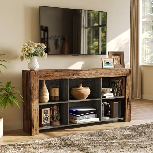 LITTLE TREE TV Stand with Storage, 63-Inch Entertainment Center with Shelves, Modern Media Console for Television up to 65" for Living Room, Bedroom, Brown + Dark Gray