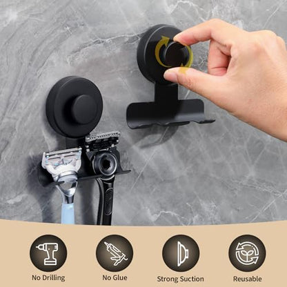 Suction Cup Razor and Shaver Holder for Shower Wall, Stainless Steel Reusable Suction Hook for Towel and Loofah, Damage-Free Installation (2, Matte Black)
