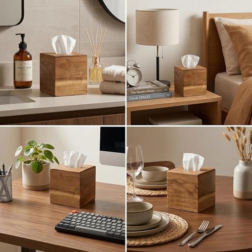 Tissue Box Cover Square, Acacia Wood Tissue Box Holder with Slide-Out Bottom, Wooden Tissue Box Cover Cube for Bathroom, Bedroom, Dinner Table, 5.5 x 5.5 x 6.1 inches