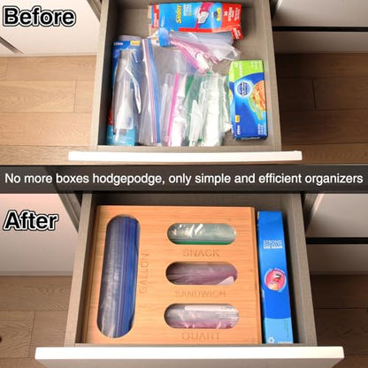 Baggie Organizer for Drawer Compatible with Ziplock Bags | Kitchen Sandwich Bag Organization|Food Storage Plastic Bag for Pantry|Wooden, Bamboo