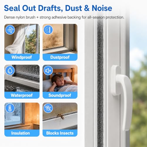 Brush Weather Stripping, Self-Adhesive Pile Door Seal Strip for Sliding Doors and Windows, Felt Weatherstrip Draft Stopper, Soundproof Dustproof Window Gap Seal, Gray, 40FT