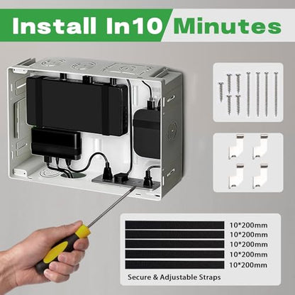 9" in-Wall Media Box - Recessed TV Outlet & Structured Wiring Box for Cable Management, Fits Samsung Frame TV, Streaming Devices, Routers, White