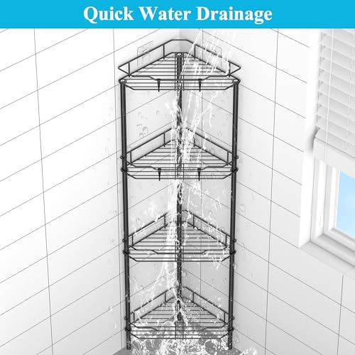 4 Tier Floor Standing Corner Shower Caddy Organizer Shelf with Hooks, Bathroom Shelves Stand Rack, Black | Adhesive Bathroom Organizer Shelves, Free Standing Shower Rack with Hooks, Hold Large Shampoo Bottles