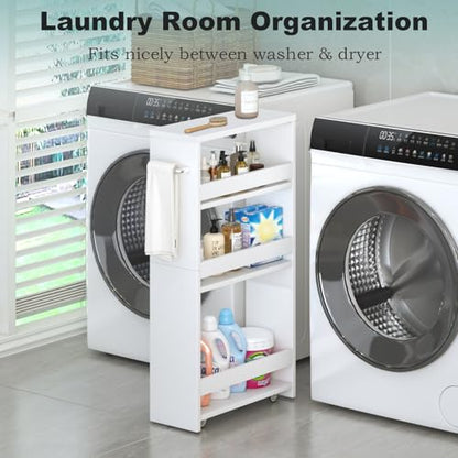 Slim Rolling Storage Cart, 4 Tier Utility Cart with Wheels, White | Laundry Room Organization, 5.5" Wide, Wood Kitchen Cart with Handle, Trolley for Kitchen Bathroom Narrow Place Small Corner