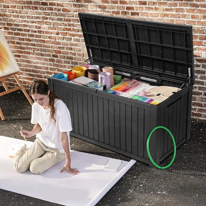 DWVO 220 Gallon Extra-Large Patio Deck Box, Waterproof Resin Outdoor Storage Box with Removable Divider for Patio, Garden, Pool, Furniture and Tools, Black