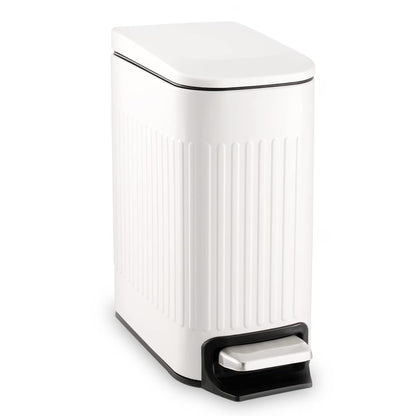Slim Bathroom Trash Can with Lid Soft Close & Pedal, 1.6Gal, White | Removable Inner Bucket, Stainless Steel Garbage Can, Small Wastebasket for Toilet/Office/Bedroom, Retro Design, Odor Control