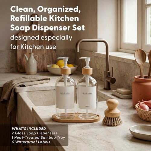 MaisoNovo Glass Dish Soap Dispenser for Kitchen Set of 2-16.9oz Clear Dish and Hand Soap Dispenser Set for Kitchen - Clear Glass Bottles x 2 with White Bamboo Pumps & Tray