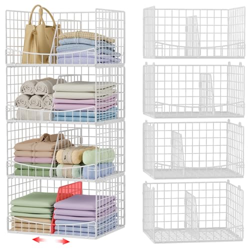 4-Tier Closet Organizers and Storage Basket with Divider, Foldable Closet Shelf Organizer System, Space-Saving Clothes Storage Drawer Organizer Bins for Wardrobe Cupboard, White