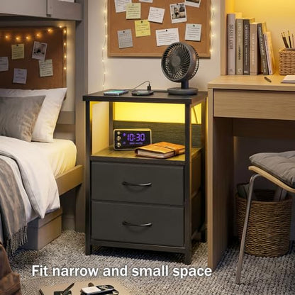 Fixwal Night Stand with Charging Station (2 AC Outlets & 2 U-S-B Ports) LED Nightstand Small Dorm Room Furniture, 2 Fabric Storage Drawers, Bedside Table End Tables Bedroom, Modern Black