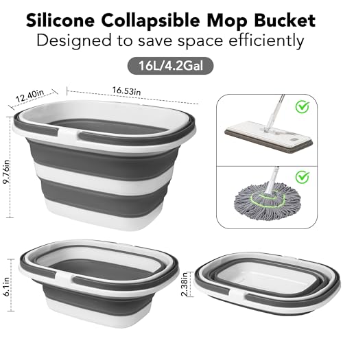 Large Collapsible Mop Bucket, 16L(4.2 Gallon) Plastic Bucket for House Cleaning, Car Washing, Silicone Cleaning Supplier Organizer, Portable Basket with Handle for Laundry Storage, RV Camping, Fishing