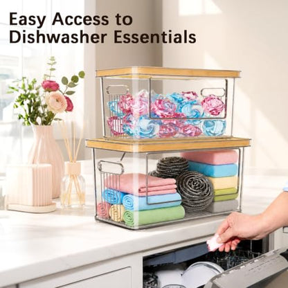 2 Pack Trash Bag Holder with Bamboo Lid for Laundry & Dishwasher Pods, Acrylic Trash Bag Dispenser Roll Containers Under Sink, Plastic Container Garbage Bags Storage Organizer for Kitchen,Cabinet, Pod