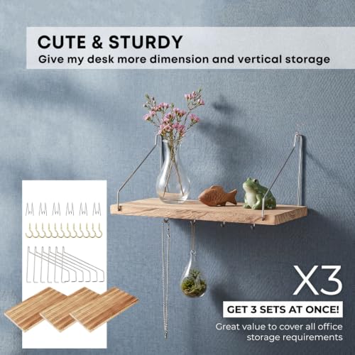 Fabric Wall Cubicle Shelf with Hooks for Work Decor, 11.8' Wooden Cubicle Organizer Storage Shelf with Hangers Cubicle Accessories for Women Men Desk, 3 Pack