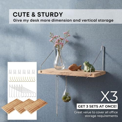 Fabric Wall Cubicle Shelf with Hooks for Work Decor, 11.8' Wooden Cubicle Organizer Storage Shelf with Hangers Cubicle Accessories for Women Men Desk, 3 Pack