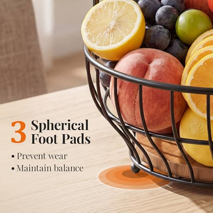 Large Capacity Fruit Basket for Kitchen Counter with Banana Hanger and Wooden Base, Large Countertop Fruit and Vegetable Storage Holder