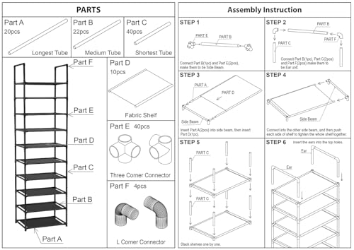 FIDUCIAL HOME 10 Tiers Shoe Rack Organizer 20 Pairs Tall Shoe Shelf | Tall Narrow Space Saving for Closet Entryway Dorm, Easy to Assemble, 17"L x 11"W x 68.8"H, Black