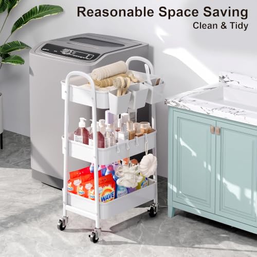 3 Tier Heavy Duty White Metal Rolling Cart with Lockable Wheels, Three Tiered Roller Book Snack Cart, Utility Storage Organizer Shelf Carts for Bathroom, Baby Diaper Caddy, Craft, Art,Cleaning,Teacher