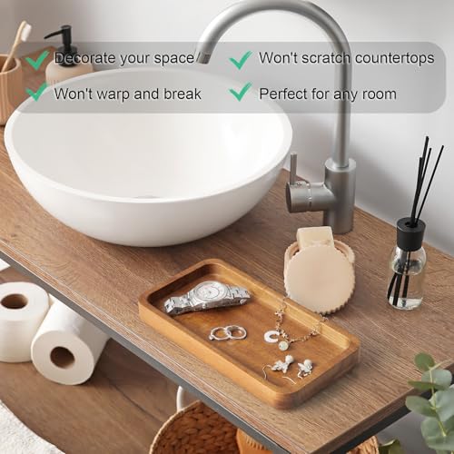 ALELION 8" Acacia Wood Bathroom Vanity Tray for Counter - Dresser Top Tray for Perfume Jewelry Candle Key Catchall - Small Kitchen Countertop Organizer for Soap Dispenser and Sponge Holder