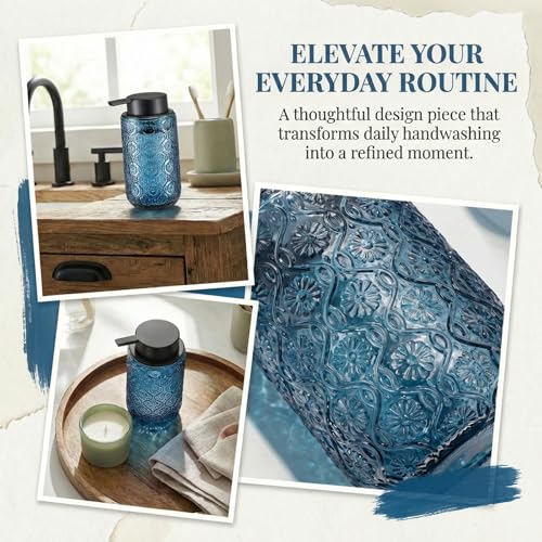Blue Glass Foaming Hand Soap Dispenser | with Matte Black Pump Thick Embossed Bottle Refillable for Bathroom and Kitchen Decor 13.5 oz