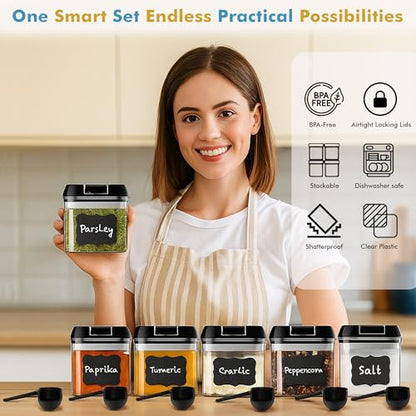 Shazo 6 PC Airtight Food Storage Containers + 6 Spoons Included - BPA Free Plastic Snack & Spice Containers with Easy Lock Lids - Kitchen and Pantry Organization for Herbs Coffee Tea - 0.5L / 2.1 Cup