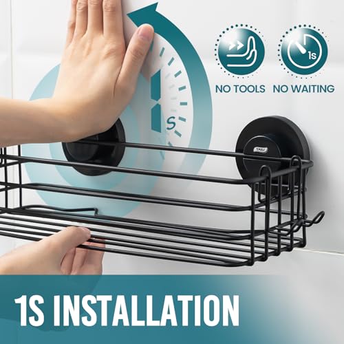 TAILI Shower Caddy Suction Cup 2 Pack with Hooks & Soap holder, Black | Heavy Duty Shower Organizer, No Drilling Bathroom Organizer, Metal Storage Basket