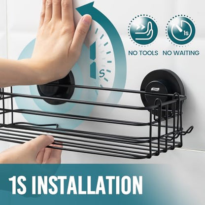 TAILI Shower Caddy Suction Cup 2 Pack with Hooks & Soap holder, Black | Heavy Duty Shower Organizer, No Drilling Bathroom Organizer, Metal Storage Basket
