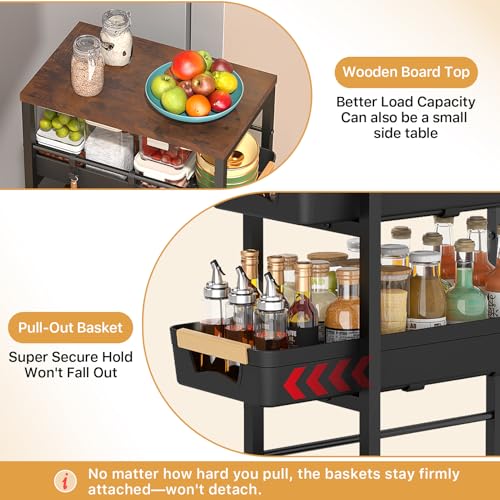 Slim Storage Cart with Wheels, Narrow Kitchen Rolling Cart, Black | 5-Tier Skinny Rolling Cart with Wooden Top & Lockable Wheels, Storage Organizer for Bathroom, Laundry Room, Narrow Space