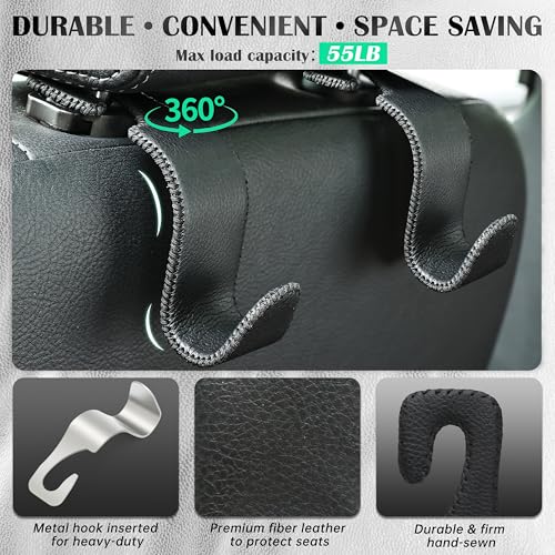 Car Seat Headrest Hook Universal Vehicle Storage Hanger Leather with Metal Car Seat Back Organizer for Handbag Purse Coat Black 4 Pack