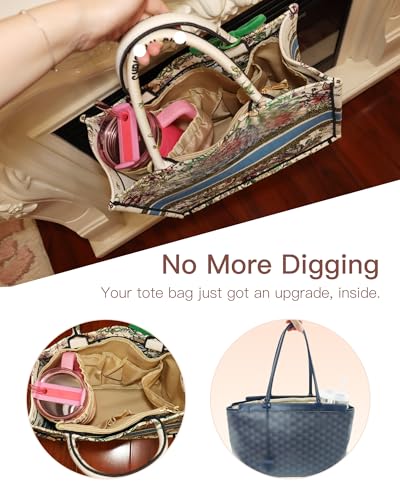 Tote Bag Organizer Insert with Stanley Cup Holder and Zipper Bag, Compatible with Neverfull, Saint Louis and More, 9 Pockets (Beige, Large)