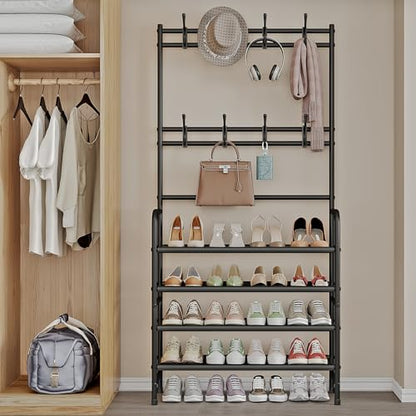 Coat Rack Shoe Rack With Storage Hooks Standing Organizer 4 Tier | Metal Freestanding Hall Tree for Clothes Hats bag Scarves Space Saving Design for Entryway Bedroom living Closet Office,Black