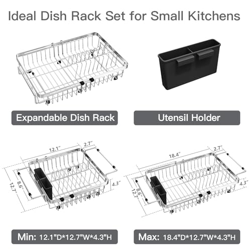 Dish Drying Rack Over The Sink with Utensil Holder | Expandable Stainless Steel Dish Drainer for Small Kitchen, Apartment, RV, Counter Space Saving, Perfect Fit, Rustproof