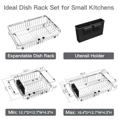 Dish Drying Rack Over The Sink with Utensil Holder | Expandable Stainless Steel Dish Drainer for Small Kitchen, Apartment, RV, Counter Space Saving, Perfect Fit, Rustproof