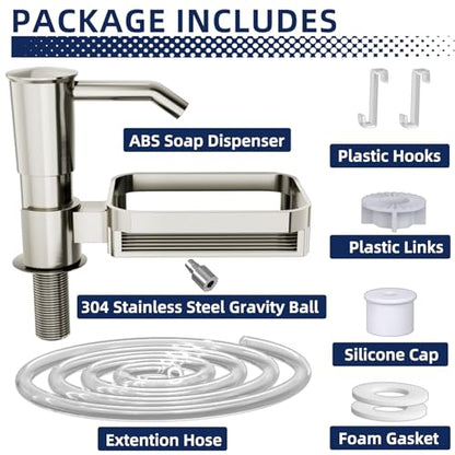 Soap Dispenser Pump for Kitchen Sink with Sponge Rack,ABS Plastic | in Counter Soap Dispenser with 39" Extension Tube Kit,Built in Dish Soap Dispensers under Sink,on Countertop,Brushed Nickel