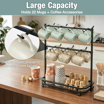 Coffee Mug Holder for Countertop, 14 Hooks Metal Coffee Cup Holder Rack | Mug Tree Stand with Storage Base for K Cup Coffee Pod Paper Cups Tea Bag, 2 Tier, Black
