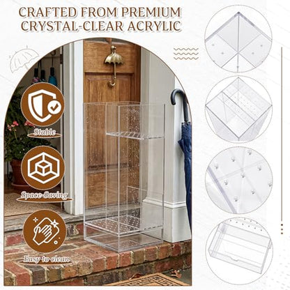 Leinuosen 9 x 9 x 22 Inch Clear Acrylic Umbrella Stand Organizer, Thick Freestanding Entryway Umbrella Holder with Long and Short Compartments, Modern Storage Rack for Home, Office and Lobby