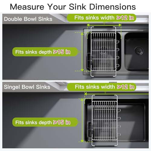 JASIWAY Dish Drying Rack in Sink, Dish Drainer with Cup and Utensil Holder | Over The Sink Expandable Stainless Steel Strainer Dryer Rack for Small Kitchen, Counter Space Saving, Fast Drain, Rustproof