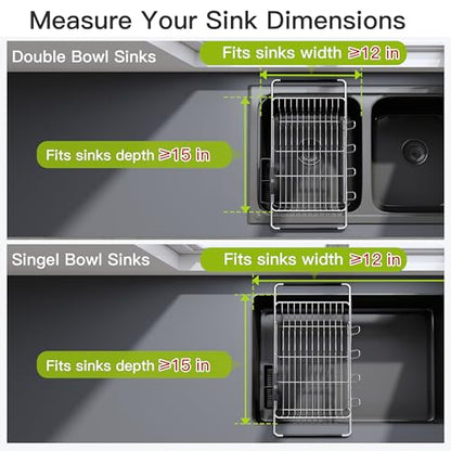 JASIWAY Dish Drying Rack in Sink, Dish Drainer with Cup and Utensil Holder | Over The Sink Expandable Stainless Steel Strainer Dryer Rack for Small Kitchen, Counter Space Saving, Fast Drain, Rustproof