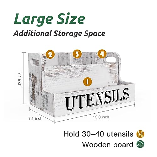 Extra Large Kitchen Utensils Holder, 2 Tier, 4 Compartments | Wooden Utensil Organizer for Kitchen Countertop, Spacesaving, Farmhouse Decor, Large Capacity, White Grain