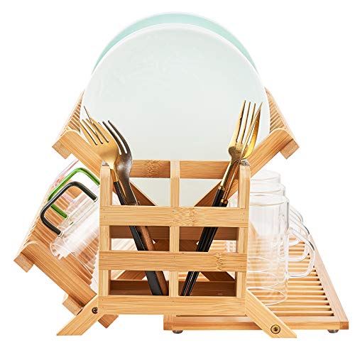 Bamboo Dish Drying Rack, 3 Tier Collapsible Wooden... (Bamboo(3 Tier) | Bamboo)
