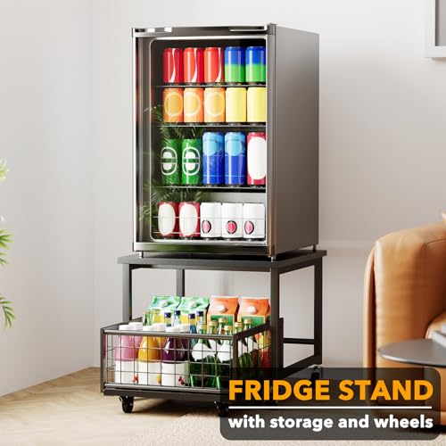 SpaceAid Mini Fridge Stand with Storage, 19.7" W x 19.7" D Heavy Duty Mobile Refrigerator Shelf Stand Table with Wheels, Fridge Cart Organizer with Drawer Basket for Home Dorm Office (Black)