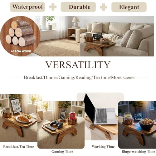 Couch Armrest Table, Acacia Wood Sofa Arm Tray with 360° Rotating Phone & Cup Holder, Clip-On Arm Rest Table for Couch, Anti-Slip Armrest Tray for Snacks & Drinks, 15.4" x 9.8"