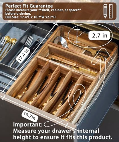 Silverware Drawer Organizer, Acacia Wood Tray for Cutlery & Flatware | Fixed 10.5" Wide, 7-Compartment Utensil Holder for Forks & Spoons
