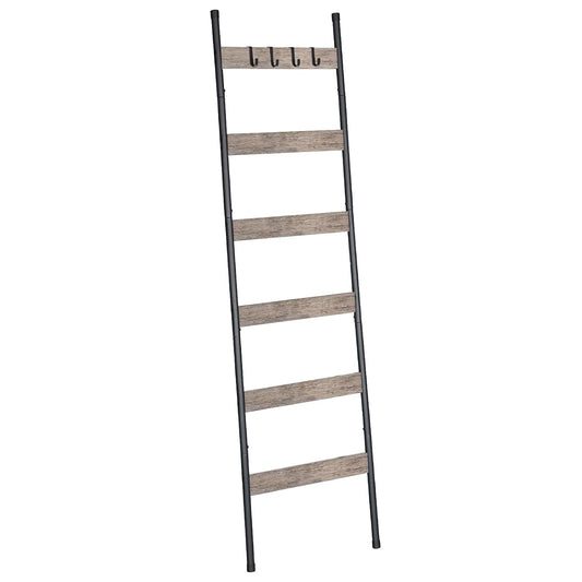 Blanket Ladder, 6-Tier Towel Rack with Hooks, Wall... (Greige + Black)