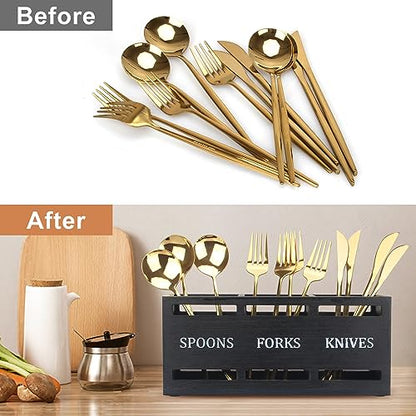 Wooden Silverware Caddy for Party Cutlery Utensil Holder Organizer Counter | Small Black Silverware Holder Table Wood Flatware Utensil Caddy Kitchen Countertop Decor Spoon and Fork Holder Cutlery Basket