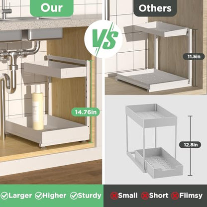 Under Sink Organizer Bathroom Kitchen: 2 Pack 2 Ti... (cream white | Carbon Steel)