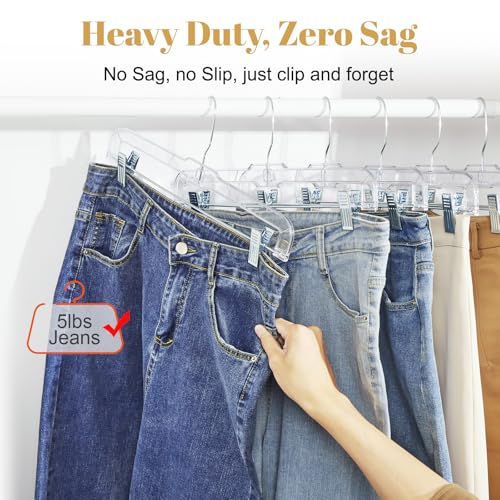 HOUSE DAY 14 Inch Clear Pants Hangers with Clips 12 Pack, Skirt Hangers | Adjustable Clip Hangers for Pants, Skirts, Jeans and Shorts, with No Marks Pads and 360° Swivel Hook, for Closet Organization