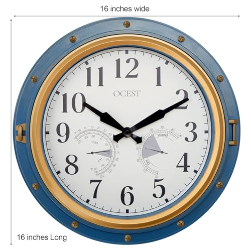 16 Inch Waterproof Outdoor Wall Clock, Thermometer Hygrometer | Silent non-ticking movement, battery powered, blue easy-read dial for patio, porch, garden, kitchen, and home decor
