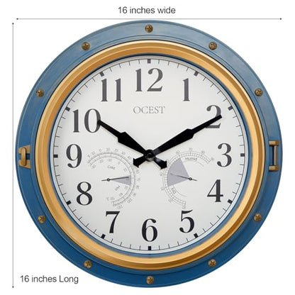 16 Inch Waterproof Outdoor Wall Clock, Thermometer Hygrometer | Silent non-ticking movement, battery powered, blue easy-read dial for patio, porch, garden, kitchen, and home decor